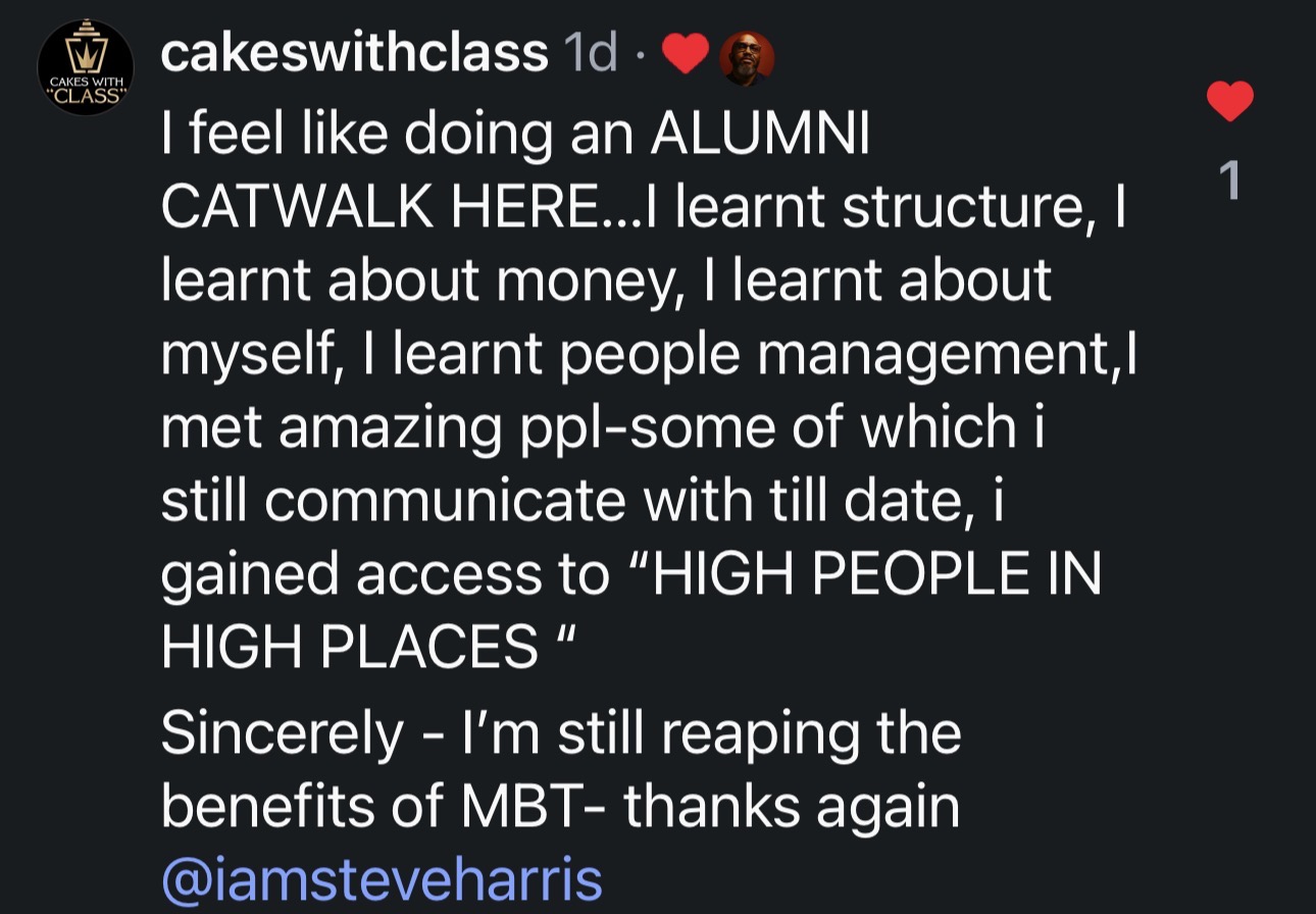 Instagram comment from @cakeswithclass about MBT